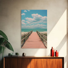 Load image into Gallery viewer, Beach Boardwalk, Vaporwave Summer Vibes, Framed Canvas Print, Retro Midcentury Modern Art, Liminal Art, Minimalist MCM Lakehouse Art