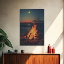 Load image into Gallery viewer, Beach Campfire Under A Full Moon, Photography Print, Framed Canvas Print, Beach House Decor, Coastal Decor, Beach Print, Beach Art