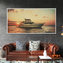 Load image into Gallery viewer, An Abandoned Yacht at Sunset - Framed Canvas Print - Nautical Decor - Vaporwave Art - Liminal Spaces - Urban Decay - Eclectic Wall Art