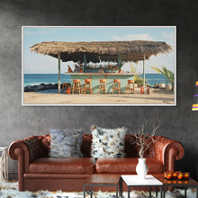 Load image into Gallery viewer, Beachside Tiki Hut Bar and Grill, Framed Canvas Print, Liminal Art, Framed Wall Decor Beach Photography, Surf Art, Surf Print Nautical Decor