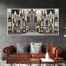 Load image into Gallery viewer, Art Deco Pattern Christmas Village - Framed Canvas Print - Retro Xmas Art - Christmas Decor - Christmas Wall Art - Christmas Art