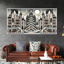 Load image into Gallery viewer, Art Deco Pattern Christmas Village - Framed Canvas Print - Retro Xmas Art - Christmas Decor - Christmas Wall Art - Christmas Art - Art Deco