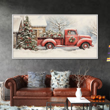 Cargar imagen en el visor de la galería, Christmas Tree Delivery - Retro Farmhouse Christmas Decor - Old Red Truck Delivering Christmas Trees - Framed Canvas Print - Holiday Decor