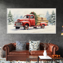 Cargar imagen en el visor de la galería, Christmas Tree Delivery - Retro Farmhouse Christmas Decor - Old Red Truck Delivering Christmas Trees - Framed Canvas Print - Holiday Decor