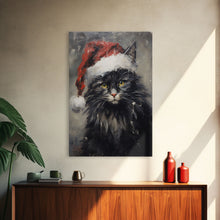 Cargar imagen en el visor de la galería, Christmas Cat In His Christmas Hat, Framed Canvas Print, Holiday Decor, Framed Canvas Print, Seasonal Wall Art