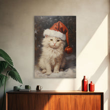 Cargar imagen en el visor de la galería, Christmas Cat In A Christmas Hat, Farmhouse Christmas, Farmhouse Decor, Framed Canvas Print, Seasonal Wall Art, Winter Decor, Christmas Art