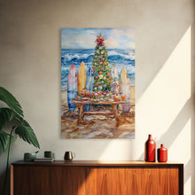 Cargar imagen en el visor de la galería, Christmas tree with surfboards on the beach, Framed Canvas Print tropical holiday wall art perfect beach Christmas decor holiday gift idea