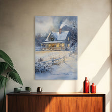 Cargar imagen en el visor de la galería, Christmas Cottage Wall Art, Framed Canvas Print, Winter Wonderland Landscape Print
