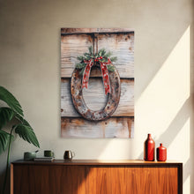 Load image into Gallery viewer, Christmas Horseshoe Framed Canvas Print, Horse Shoe With Mistletoe, Wood Framed Christmas Art, Western Decor, Boho Christmas, Minimalist