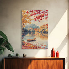 Carregar imagem no visualizador da galeria, Canoe On A Serene Fall Lake, Framed Canvas Print, Autumn Decor, Fall Wall Art, Fall Poster, Autumn Prints Wall Art