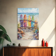 Cargar imagen en el visor de la galería, Christmas Surfboards On A Snowy Beach, Framed Canvas Print, Tropical / Nautical Christmas Art or Gift Idea, Christmas Poster