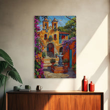 Cargar imagen en el visor de la galería, Bright Mexican Style Tall Art Framed Canvas Print Depicting Ornate Blue Door And Rustic Courtyard