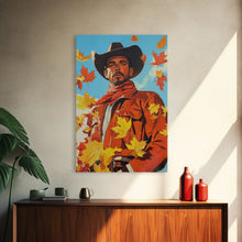 Load image into Gallery viewer, Autumn Cowboy Holiday Decor Framed Canvas Print with Leaves, Colorful Seasonal Wall Art Gift Idea 2024