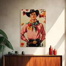 Load image into Gallery viewer, Cowboy Christmas Wall Art Canvas Print with Autumn Leaves, Seasonal Holiday Decor and Gift Idea 2024