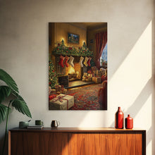 Load image into Gallery viewer, Cozy Christmas Mantle Decor Framed Canvas Print With Stockings Hanging And Presents By The Fire, Seasonal Holiday Wall Art Farmhouse Style