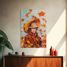 Load image into Gallery viewer, Cowboy Fall Decor Canvas Print with Windblown Leaves, Rustic Farmhouse Autumn Holiday Wall Art Seasonal Gift Idea 2024