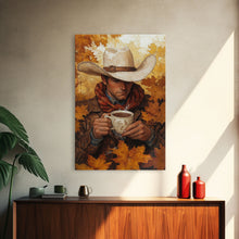 Load image into Gallery viewer, Cowboy Holding Hot Drink Framed Canvas Print - Moody Winter Landscape Art Perfect 2024 Christmas Wall Decor