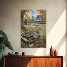 Carregar imagem no visualizador da galeria, Autumn Picnic Outdoors Tall Art Framed Canvas Print With Basket Of Apples, Fall Scene Wall Art, Country Farmhouse Decor For Kitchen