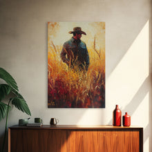 Load image into Gallery viewer, Cowboy in Golden Wheat Field Canvas Print, Western Landscape Art Gift, Seasonal Decor, Modern, Perfect Holiday Gift, Framed Canvas Print