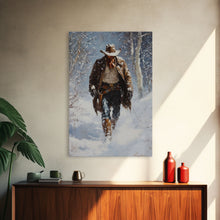 Load image into Gallery viewer, Cowboy Riding Horse in Snowy Forest Canvas Print, Winter Wall Art, Western, Rustic Christmas Wall Art, Seasonal Holiday Decor, Canvas Print