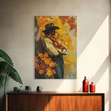 Load image into Gallery viewer, Cowboy Walking in Winter Forest at Sunset Canvas Print, Seasonal Western Wall Art, Rustic Christmas Wall Decor, Vibes, Framed Canvas Print