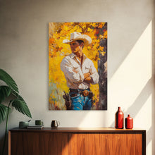 Load image into Gallery viewer, Cowboy with Autumn Foliage Canvas Print, Vibrant Fall Decor, Perfect Fall Wall Art, Seasonal Home Decor, Western Art, Framed Canvas Print