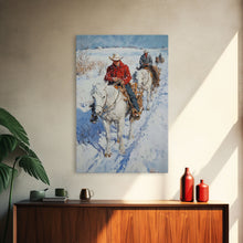 Load image into Gallery viewer, Cowboy Riding Horses in Snow Canvas Print, Winter Wall Art, Rustic Christmas Decor, Holiday Gift Idea, Seasonal Art, Framed Canvas Print