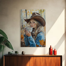 Carregar imagem no visualizador da galeria, Fall-themed farmhouse framed canvas print a woman with coffee amidst autumn leaves ideal harvest home decor or seasonal wall art gift idea
