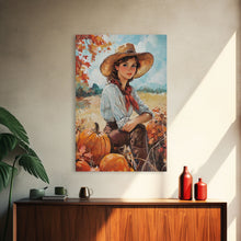 Load image into Gallery viewer, Country fall harvest framed canvas print pumpkins and a serene autumn landscape perfect seasonal wall art for rustic farmhouse home decor