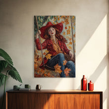 Carregar imagem no visualizador da galeria, Fall Cowgirl Enjoying Her Swing, Framed Canvas Print, Autumn Decor, Cute Wall Art Gift Idea