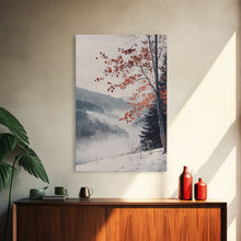 Carregar imagem no visualizador da galeria, Canvas Print of Snowy Mountain Trees Red Leaves, Winter Wonderland Wall Art, Best Gift Idea, Moody Landscape, Rustic Christmas Decor