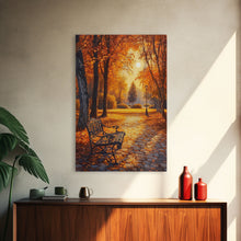 Carregar imagem no visualizador da galeria, Autumn Park Bench Scene With Trees And Lamppost Framed Canvas Print Wall Art Fall Decor, Rustic Autumn Art Gift, Seasonal Canvas Art