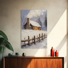 Load image into Gallery viewer, Rustic Cabin In Snow Framed Canvas Print Wall Art Christmas Home Decor, Winter Landscape Art, Cozy Winter Cabin Scene