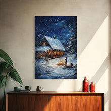 Load image into Gallery viewer, Cowboy Christmas by the Fire Framed Canvas Print, Western Holiday Decor with Snowy Cabin, Cozy Art Perfect for Rustic Christmas Winter Decor