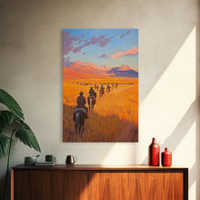 Load image into Gallery viewer, Cowboy Campfire Framed Canvas Print, Evening Gathering with Riders Around Fire, Western Landscape Art for Fall or Winter Home Decor