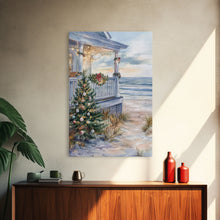 Cargar imagen en el visor de la galería, Coastal Christmas Tree Framed Canvas Print, Festive Holiday Decor Tree Beach and Ocean View, Nautical Wall Art Tropical Christmas Decor