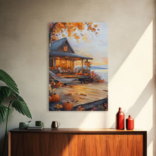 Cargar imagen en el visor de la galería, Cozy autumn cabin porch with pumpkins and scenic view, Framed Canvas Print, perfect above sofa art, fall seasonal decor, gallery wall