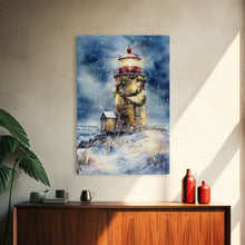 Load image into Gallery viewer, Snowy lighthouse under moonlit sky with wreath, Framed Canvas Print, beach Christmas decor for winter wonderland, holiday wall art