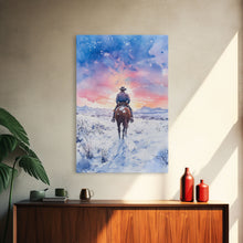 Load image into Gallery viewer, Cowboy riding through snowy sunset, Framed Canvas Print, winter landscape wall art, western decor for above sofa, rustic holiday decor