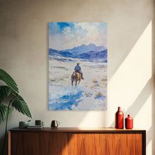 Load image into Gallery viewer, Cowboy riding through snowy mountain pass, Framed Canvas Print, western winter landscape wall art, farmhouse holiday decor Christmas gift