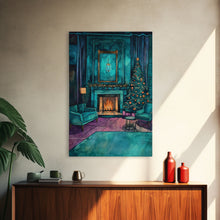 Load image into Gallery viewer, Cozy living room with Christmas tree and fireplace, Framed Canvas Print, Christmas wall art, perfect modern farmhouse holiday decor