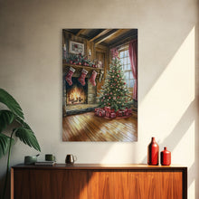 Load image into Gallery viewer, Cozy farmhouse Christmas interior Framed Canvas Print with tree stockings and fireplace, warm holiday art rustic Christmas decor mantle