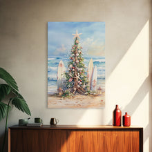 Cargar imagen en el visor de la galería, Coastal Christmas tree with surfboards at the beach Framed Canvas Print, tropical holiday wall art beach Christmas decor Christmas prints