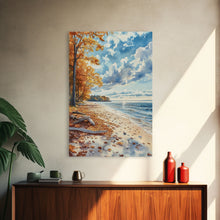 Carregar imagem no visualizador da galeria, Autumn beach landscape with vibrant fall leaves and coastal breeze Framed Canvas Print perfect fall wall art for seasonal farmhouse decor
