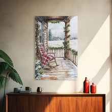 Carregar imagem no visualizador da galeria, Farmhouse porch decorated with garland and cozy rocking chair, Framed Canvas Print winter decor idea for rustic home Christmas wall art