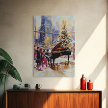 Load image into Gallery viewer, Elegant Christmas party with grand piano and city skyline view Framed Canvas Print, classy holiday wall art perfect seasonal decor idea