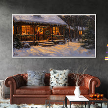 Carregar imagem no visualizador da galeria, Festive Log Cabin Winter Scene Framed Canvas Print Christmas Wall Art, Rustic Holiday Art, Cozy Christmas Scene, Seasonal Wall Decor Gift