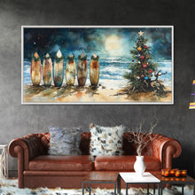 Carregar imagem no visualizador da galeria, Canvas Print Surfboards and Christmas Tree at Beach, Tropical Christmas Decor, Beach Christmas Art, Coastal Holiday Wall Art