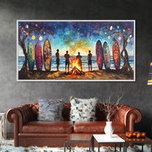Carregar imagem no visualizador da galeria, Canvas Print Beach Bonfire with Surfboards Under Stars, Coastal Christmas Art, Tropical Holiday Wall Art, Beach Christmas Decor