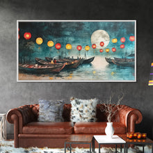 Load image into Gallery viewer, Framed Canvas Print Full Moon Lanterns on Boats, Dreamy Night Scene, Watercolor Christmas Art, Unique Holiday Decor, Coastal Christmas